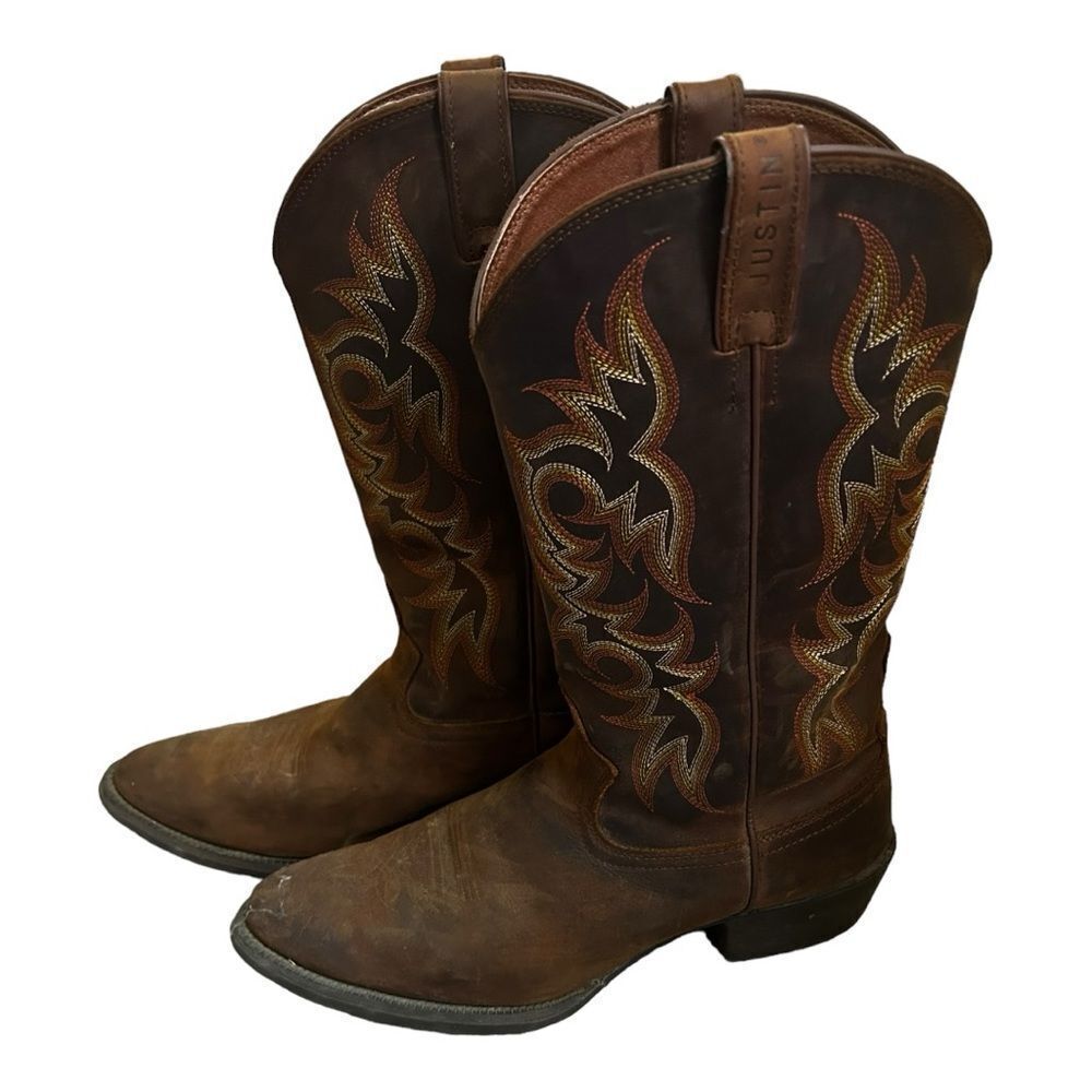 Justin Boots Western Cowboy Boots Brown Leather Embroidered‎ Riding Boots